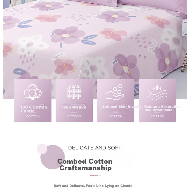 BEYOND Home Textiles Pure Cotton Bed Sheet with Printed Pattern, All-Cotton Duvet Cover, Single Piece Set, Floral Pattern (Purple), 230*245cm 4