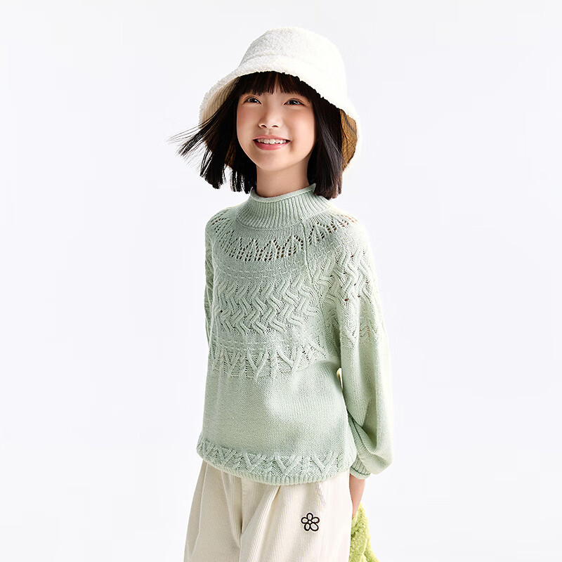 Annil Kids Girls' Crew Neck Long Sleeve Knit Sweater 2025 Winter New Pullover Ice Green 110