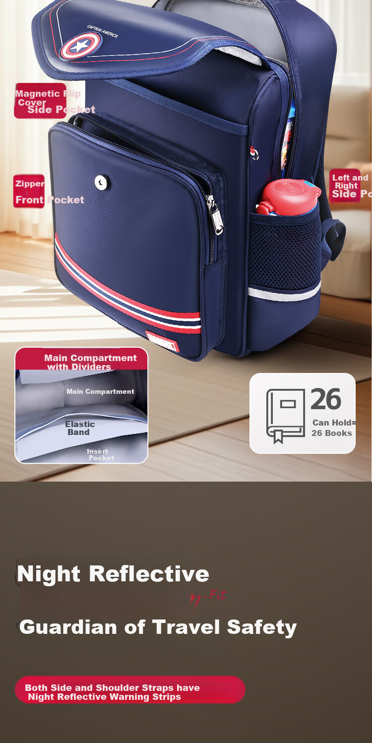 Disney Backpack for Primary School Students Grades 3-6, Stylish Cambridge Bag with Spine Protection, Lightweight Boys' Backpack, Captain America Style 6