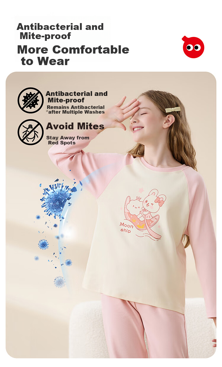 Hodo Children's Pajamas, Spring And Autumn Style, Pure Cotton, Antibacterial, Anti-Mite, Round Neck, Girls' Loungewear, for Older Children, Long-Sleeve, Long-Style Set 8
