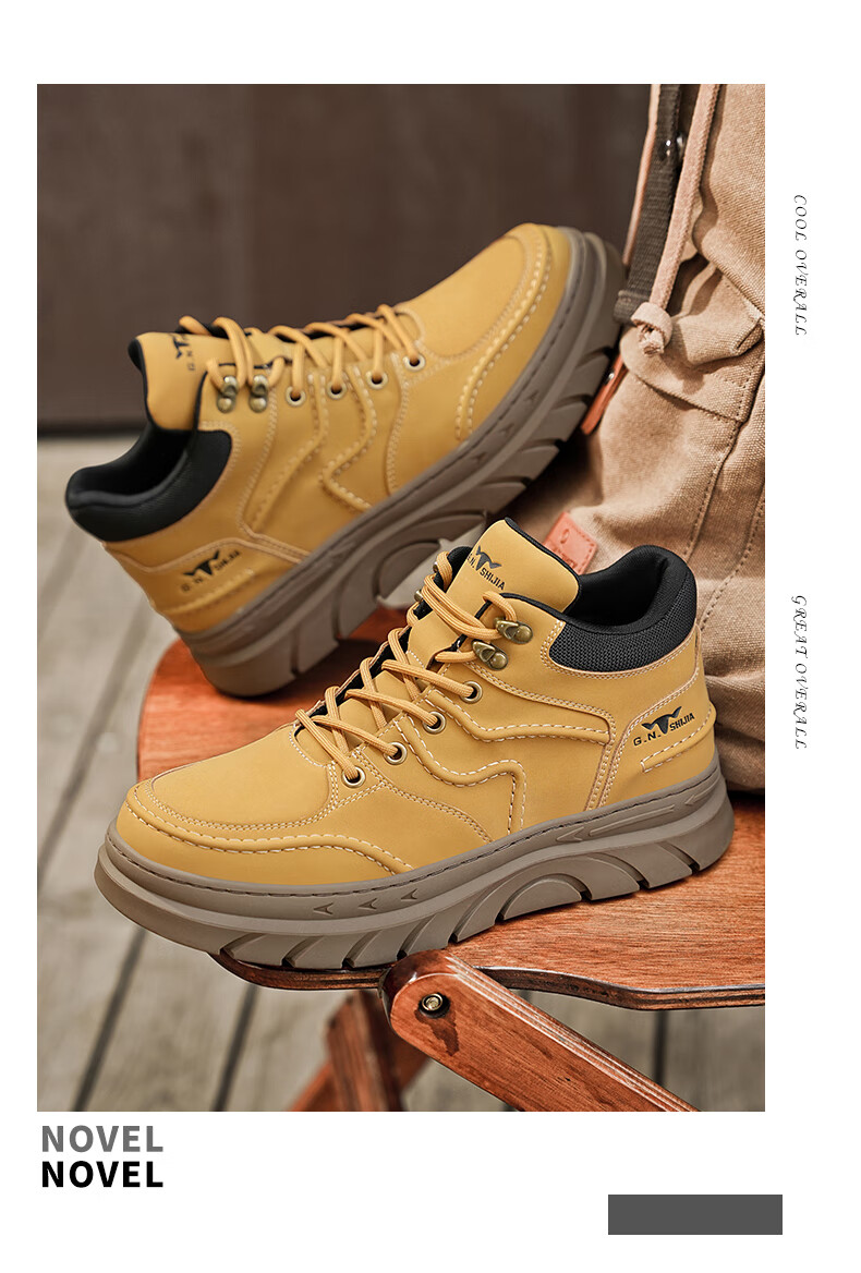 Bull Family Martin Boots Men Autumn Winter New High-top Durable Work Boots Thick Sole Height Increasing Yellow Boots Men's Versatile Biker Shoes 17
