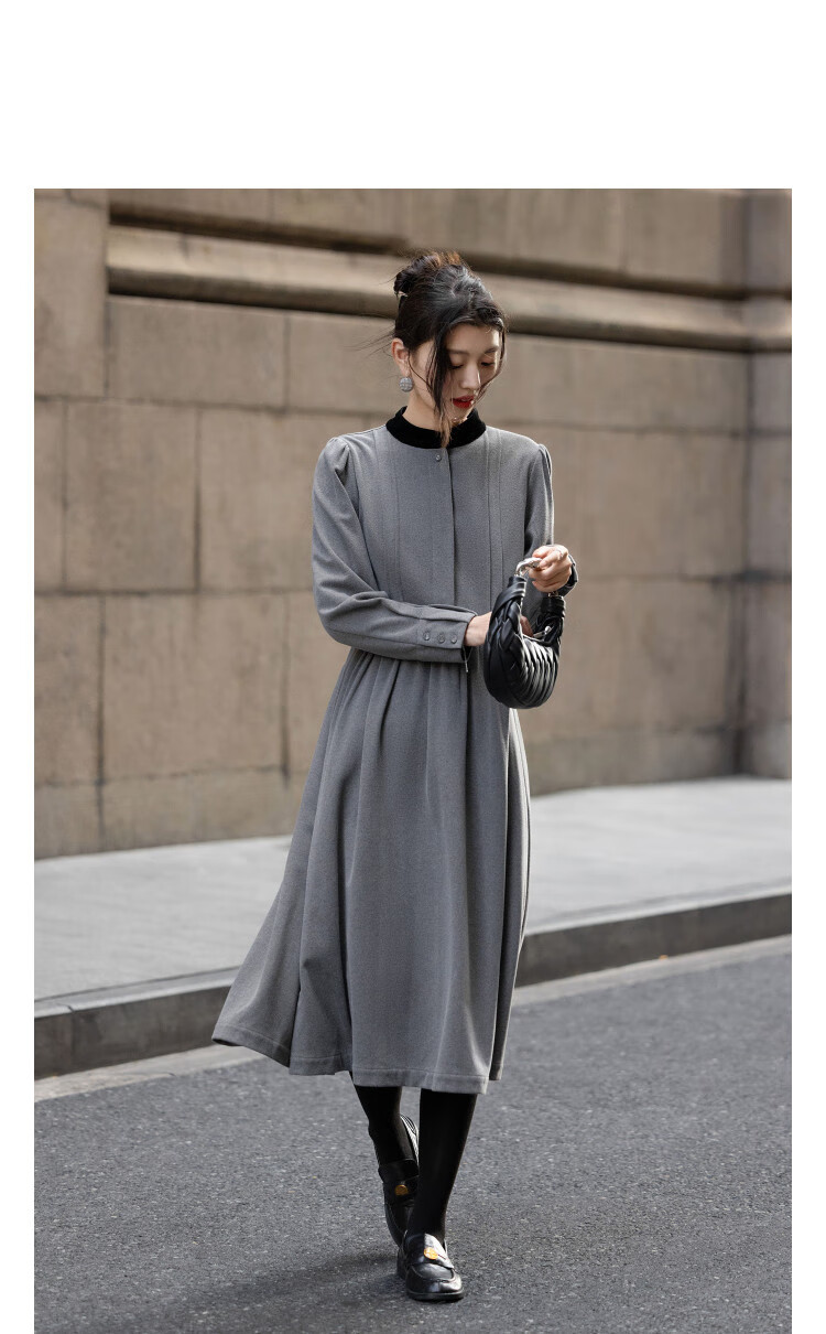 Demana [Reissue Elegance] Winter Colorblock Stand Collar Puff Sleeve Flared A-Line Knit Wool Blend Warm Women's Dress 1