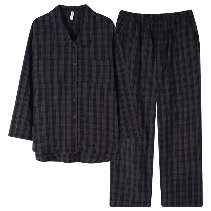 Shaqian New Vintage Coin Style Couples Pajamas 2025 Autumn Bubble Woven Cotton Women's Plaid Loungewear Men's Set