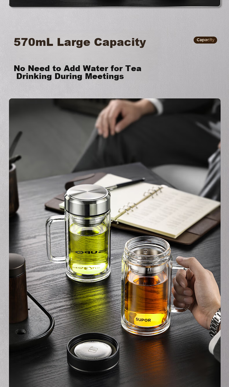 SUPOR Double-Layer Glass Cup for Men, Home Tea Infuser Cup with Handle, Business High-Quality Mug for Office Use 3