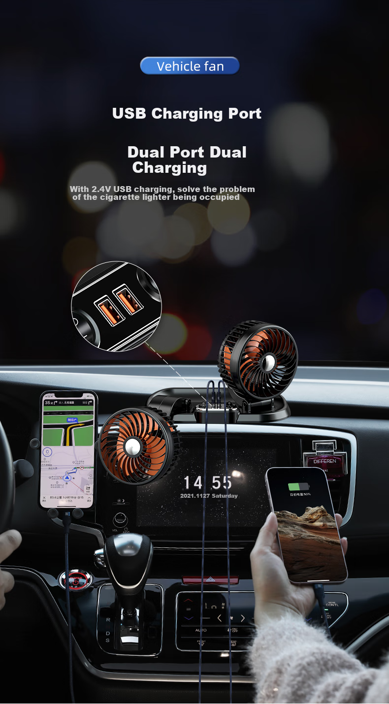 Huashi Car Fan, 24V for Large Trucks, Specialized Automotive Electric Fan, 12V Fan with Strong Airflow, Dual-Head Design, USB Interface 6