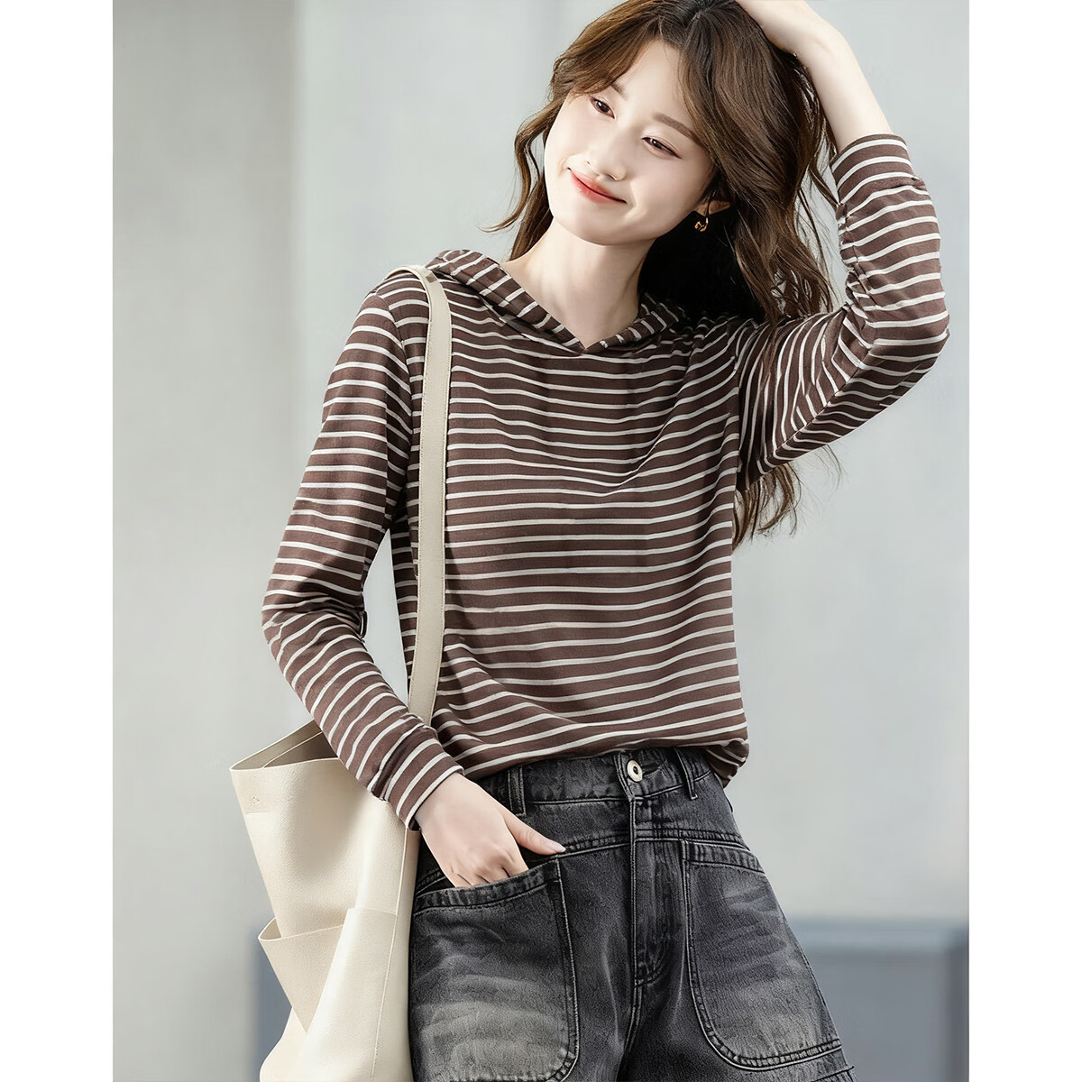 Demana [Stripe Code] Autumn Korean Style Hooded Long Sleeve Loose Stretchy Relaxed Sweatshirt for Petite Women