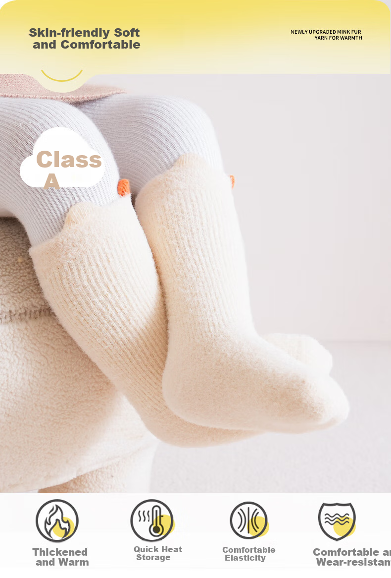 Wuduomian 3 Pairs of Baby Terry Socks, Winter Thickened Children's Socks, Warm Mid-Calf Baby Socks, Class A Seamless 1