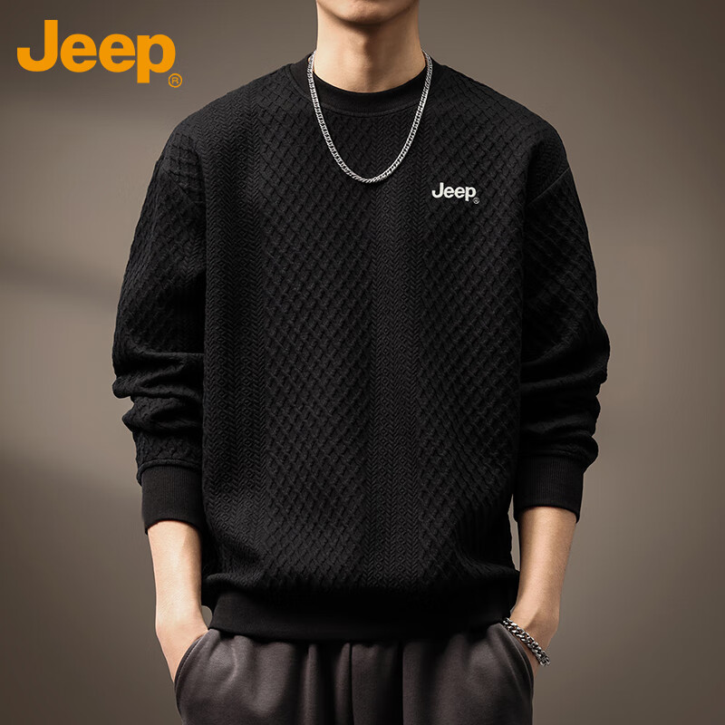 JEEP Men's Sweatshirt, Spring And Autumn Season, Heavy Texture Jacquard, Loose-Fitting Base Layer Top, Men's Clothing, Black, M
