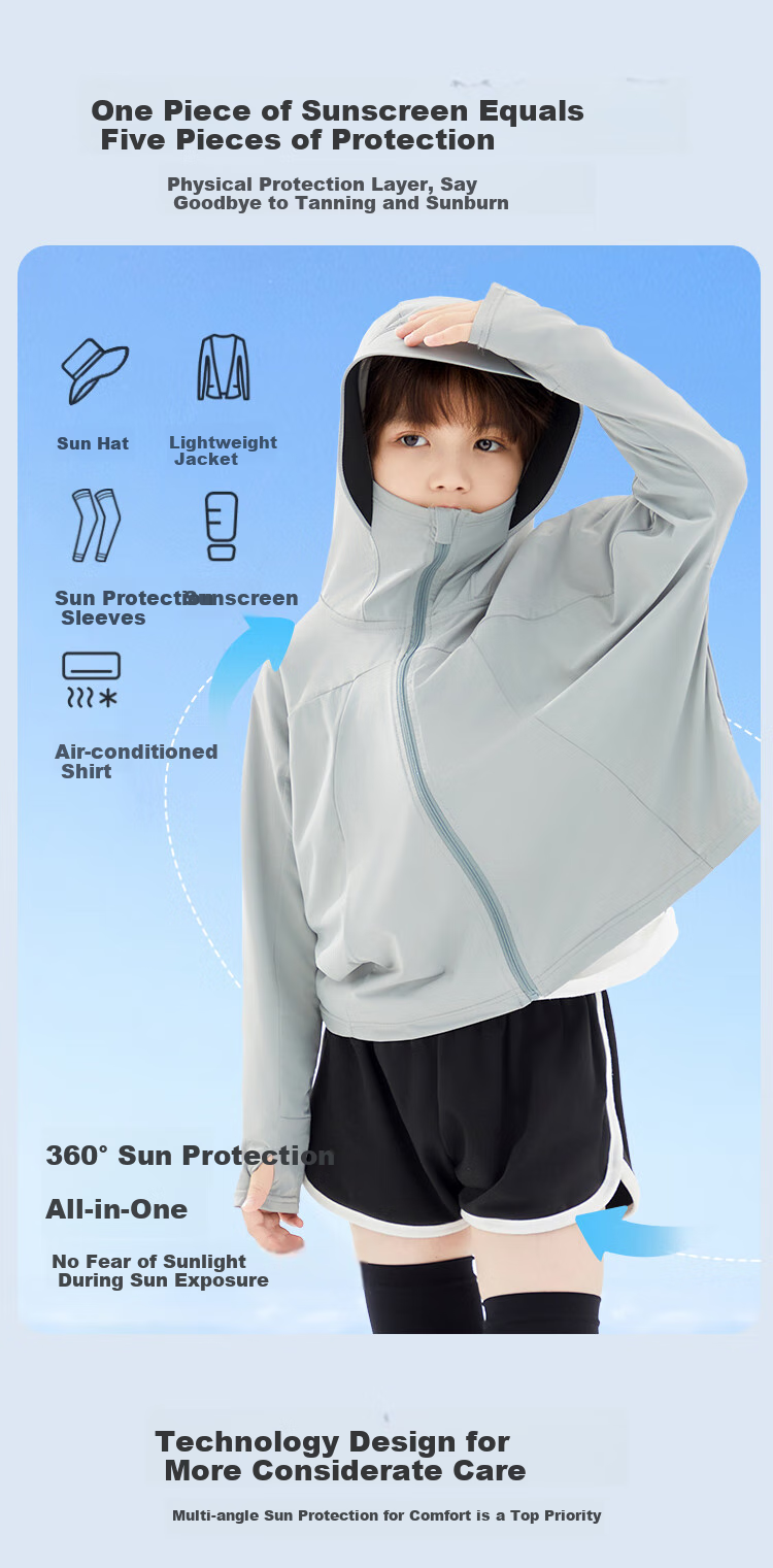 Ousen Children's Sun Protection Clothing, Boys And Girls Cycling UV-Resistant Lightweight Breathable Black Gel Hooded UPF50 Sun Protection Jacket 5