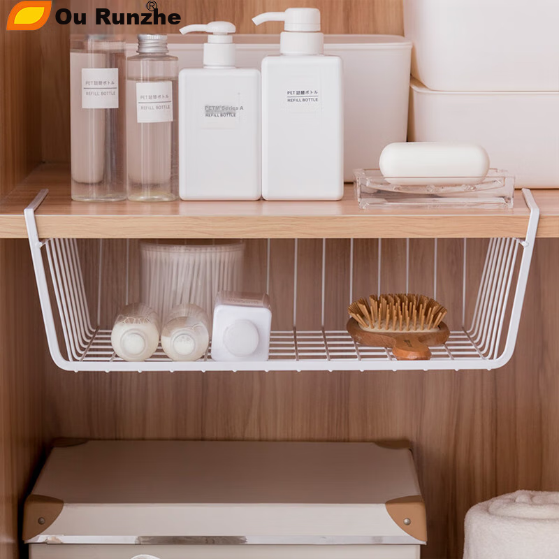 Ourunzhe Under-Cabinet Storage Rack, No Drilling Required, Cabinet Organizer, Hanging Divider, Kitchen Spice Rack, Hanging Basket, Under-Cabinet Shelf