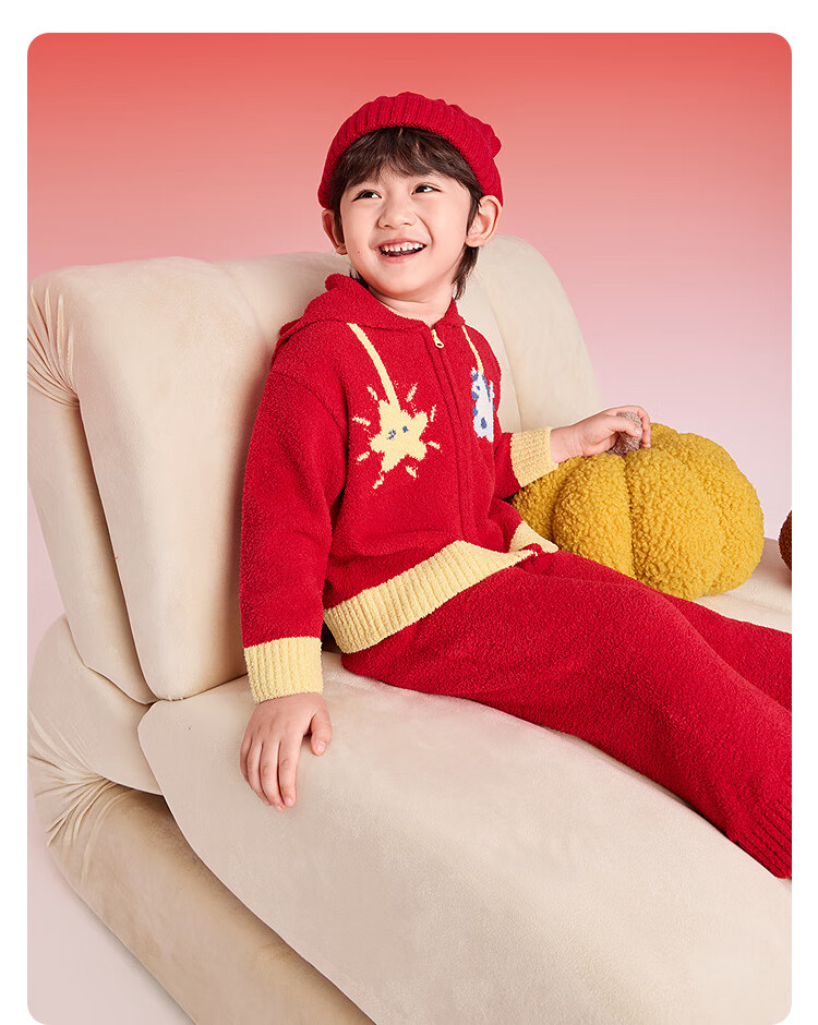Balabala Kids Homewear Set Boys Girls 2026 New Spring National Style Pajamas Red Plush New Year 3