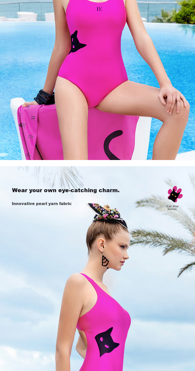 BALNEAIRE Little Black Cat/Miaoxingren Series 2025 New Women's One-Piece Swimsuit, Sun Protection, Competitive Speed 61786, Berry Pink, S 3