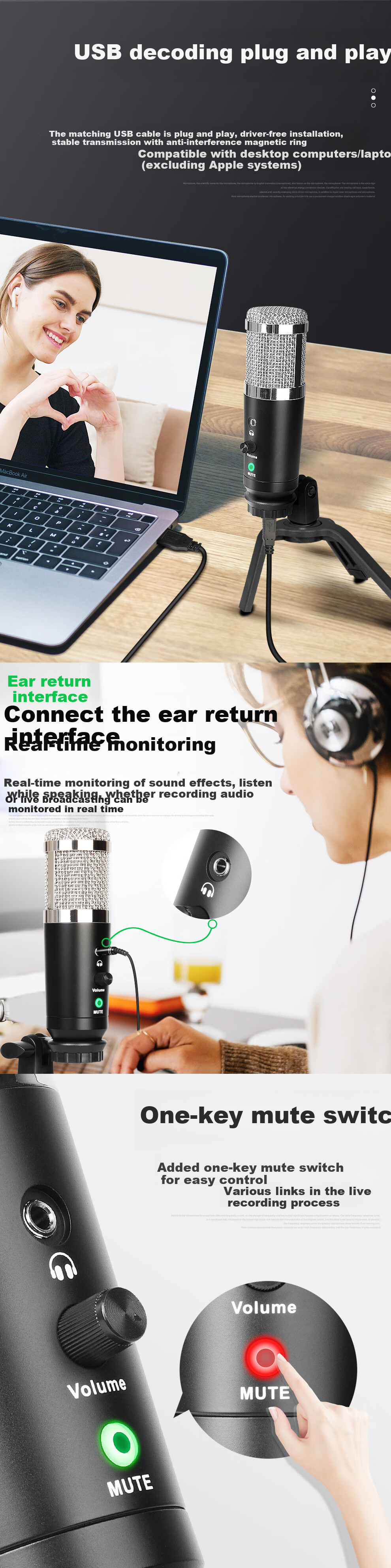 Depusheng A9 USB Microphone for Live Streaming, Compatible with Phones And Computers, for Online Classes, Recording, Voice Overs, Karaoke, Gaming, Livestreaming, TikTok Videos, And Course Materials, Professional Sound Card Microphone with Condenser Capsule, Type-C Connector 2