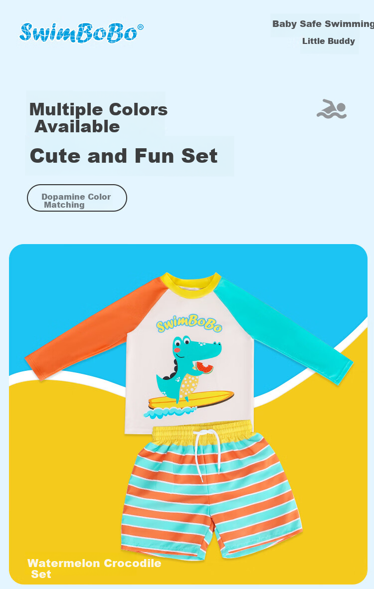 Swimbobo Children's Swimwear, Boys' Two-Piece Swimsuit, Beginner Swimming Gear, Cartoon Crocodile Design, Long-Sleeve Two-Piece Swimsuit, Size 90 5
