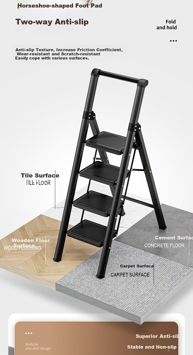 Cenggao Folding Ladder for Home Use, A-Frame with Handrails, Thickened Carbon Steel, Widened Steps, Yadian Black, Five Steps, Export Quality 10