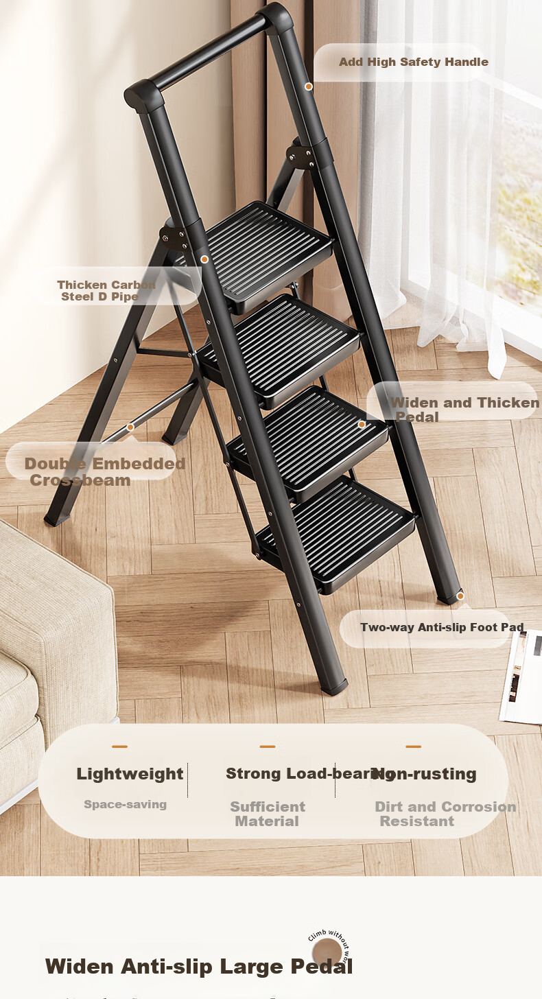 Cenggao Folding Ladder for Home Use, A-Frame with Handrails, Thickened Carbon Steel, Widened Steps, Yadian Black, Five Steps, Export Quality 2