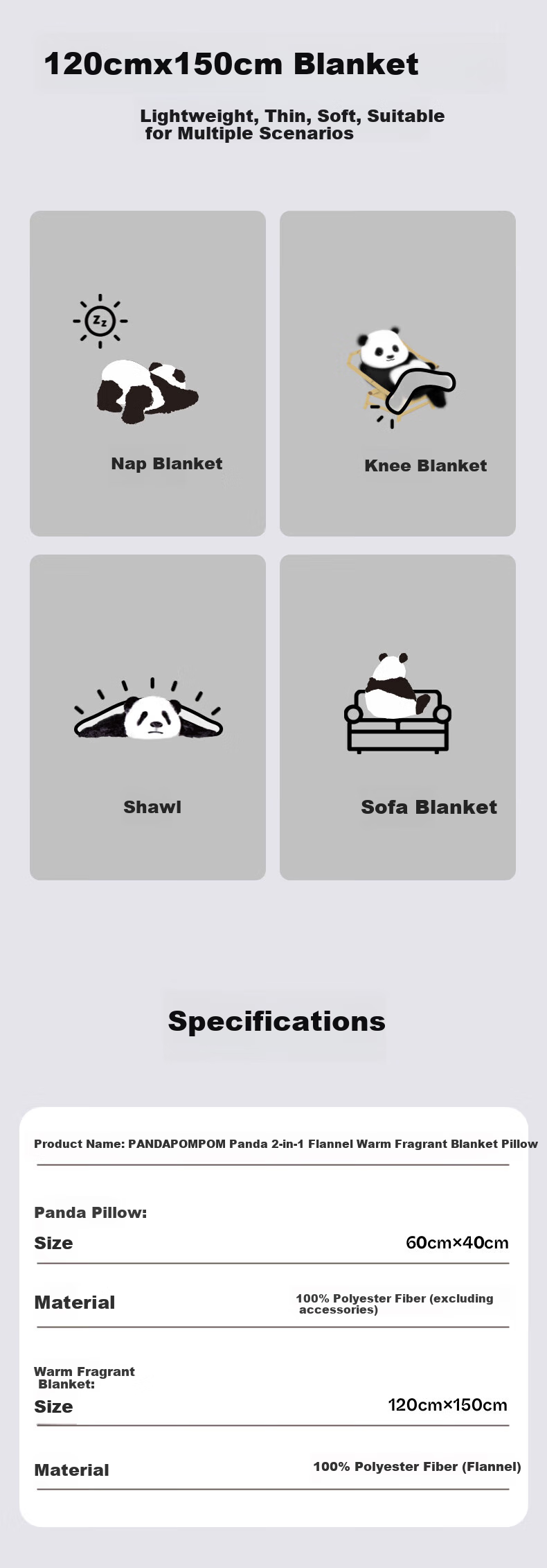 TBH (TBH) Panda Puff Two-In Hugging Pillow Blanket Flannel Warm Throw Pillow Car Home Travel Fleece Blanket Cushio 8