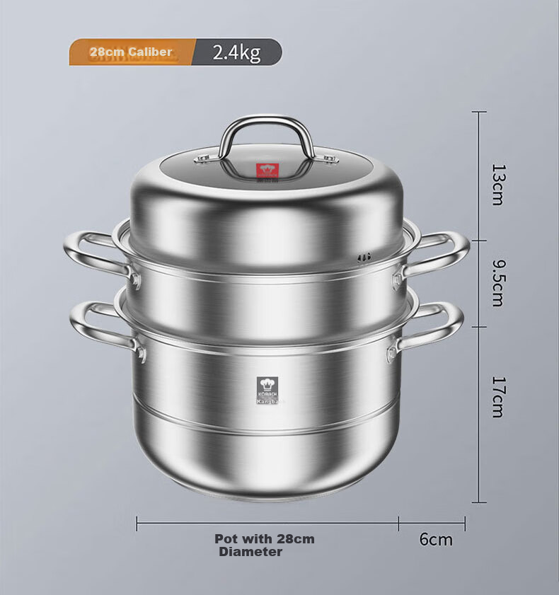 KBH Stainless Steel Steamer Pot, Large Capacity Composite Bottom Soup Pot, Dual-Use Steaming And Cooking Pot, Three-Layer High Lid, 30cm 8
