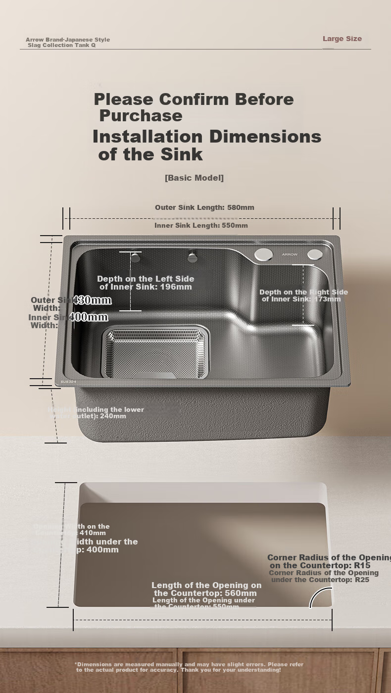ARROW Kitchen Sink for Small Apartments, Large Single Basin, Nano Textured 304 Stainless Steel Sink for Washing Dishes And Vegetables 10