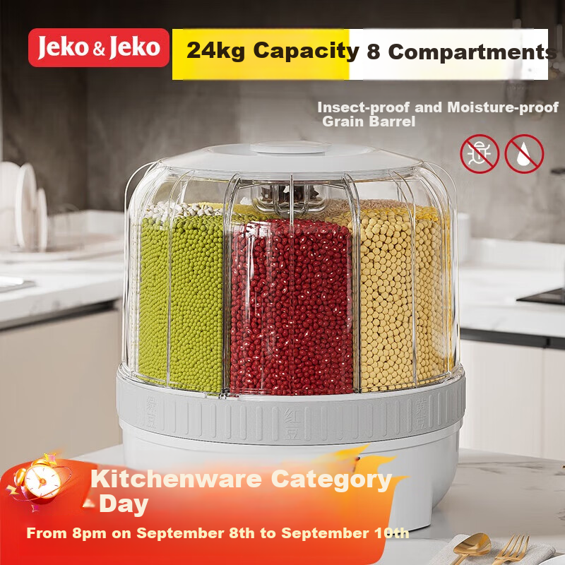 JEKO&JEKO Multi-Grain Storage Container, Rice Bucket with Rotating Compartments, Moisture-Proof And Insect-Proof Sealed Container for Grains And Beans, White
