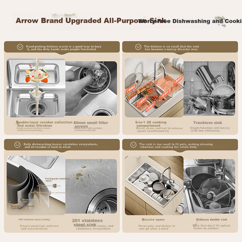 ARROW Kitchen Sink, Large Single Basin, Japanese-Style 304 Stainless Steel Dishwashing And Vegetable Washing Sink, Integrated Basi