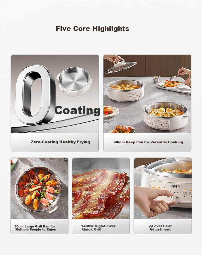 SUPOR Electric Griddle, Non-Coated Stainless Steel Pancake Maker for Home Use, Crepe Pan, Grill Pan, Flatbread Griddle, Breakfast Machine, Grill And Cooker, Hot Pot And Cooking Pot, 60mm Deepened JT30A819 4