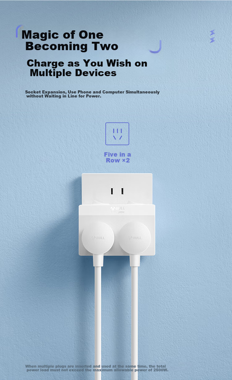 BULL Power Strip Extension, Multi-Outlet Adapter, Converter Plug, Power Bar, Suitable for Bedroom And Kitchen, 3 Outlets without Switch, GN-ZA221 3