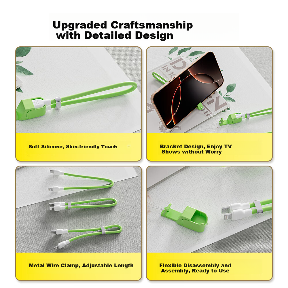 Beimo Three-In Phone Lanyard Data Cable Anti-Loss Clip Patch Back Strap Wrist Strap Suitable for Apple 8-14 Type-C to Lightning Yellow