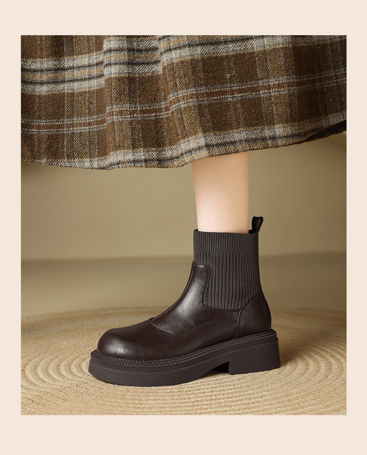 ZHR Elastic Socks Boots Women Autumn Winter Fleece Thick Sole Height Increasing Slimming Soft Sole British Short Boots EH255A Black 36 7
