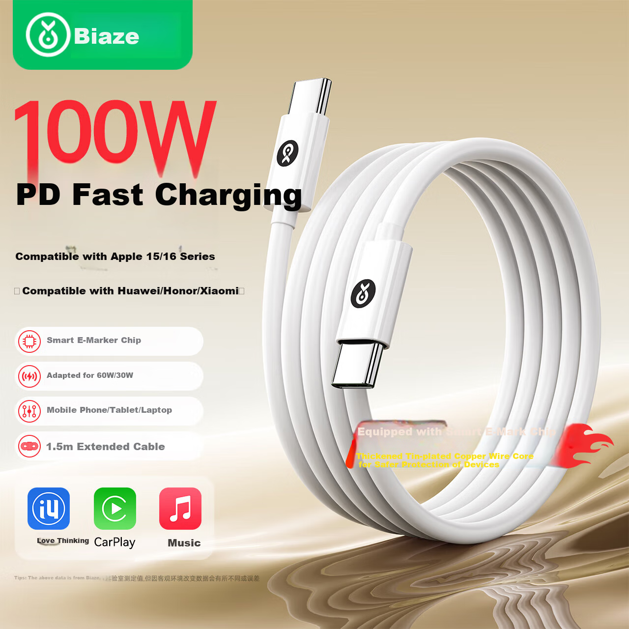 BIAZE Dual-Head Type-C Fast Charging Cable, Data Cable 100W Charging Cord, Suitable for AVS Apple IPhone 18/Duo/17 16 Pro Max, Android Phones, IPad Tablets, Car Charger