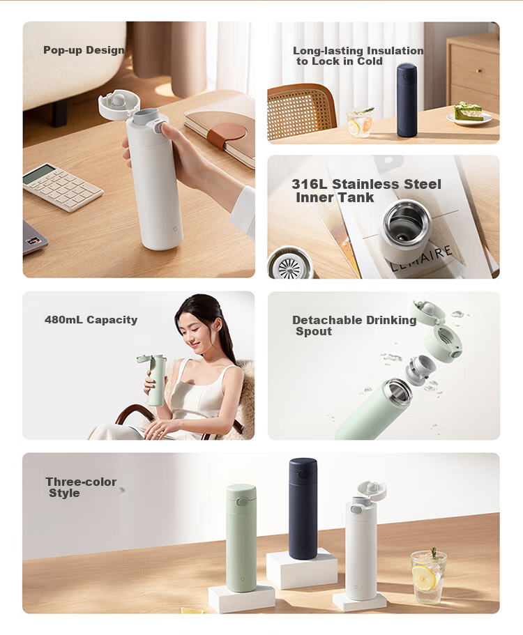 MIJIA Insulated Mug with Pop-Up Lid, Hot And Cold Cup, 480ml, Portable, Stainless Steel, Car-Friendly Water Bottle, Bamboo Green Color 2