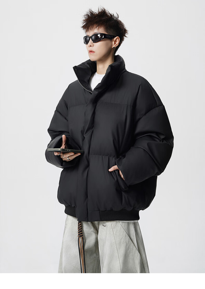 Colombass Trendy PU Leather Down Jacket Men Hooded Winter New Short Thickened Couple Loose Fur Collar Coat 4