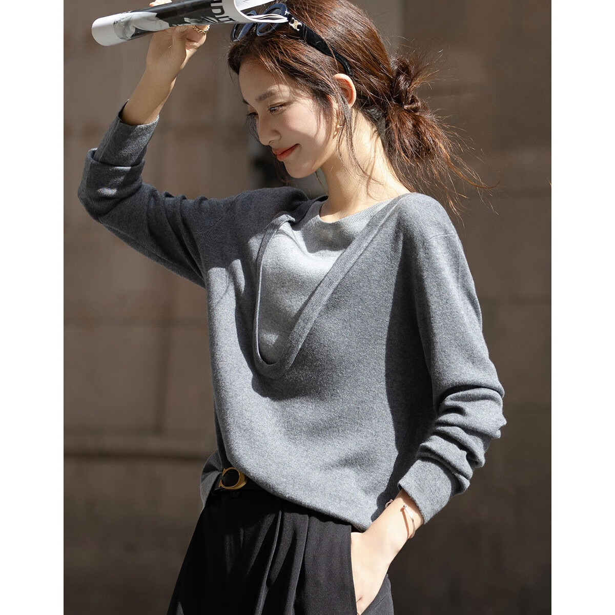 Dme [Containing Warm And Soft Wool] Autumn Color-Block Faux Two-Piece Round Neck Sweater, Petite Elegant Knit Top for Wome