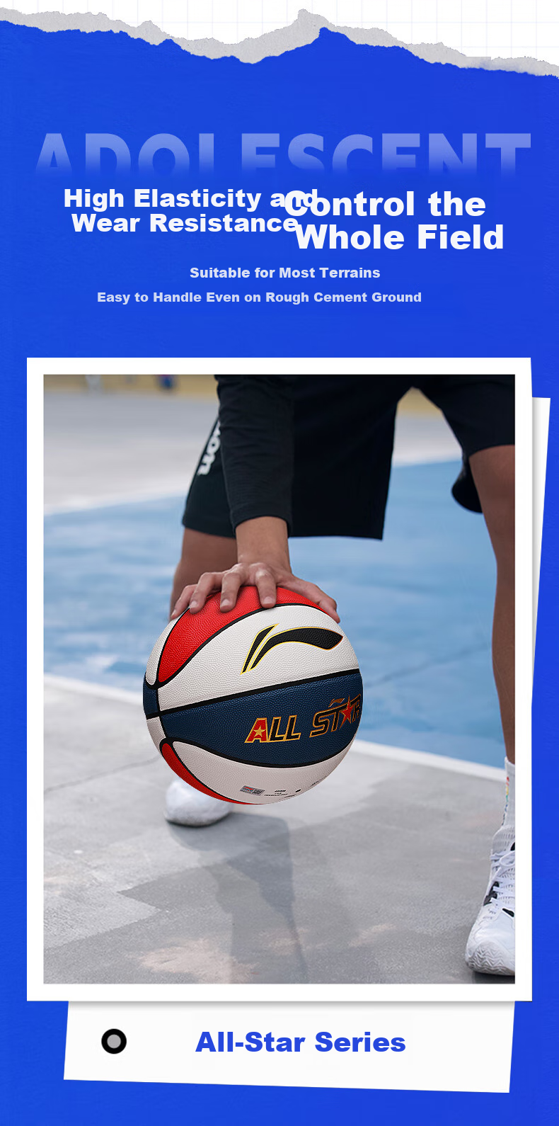 Li-Ning Basketball Size 5 for Children, Kindergarten, Elementary School Students, Indoor And Outdoor Use on Cement Courts, Youth Non-Slip Wear-Resistant PU Basketball, Blue Color 5