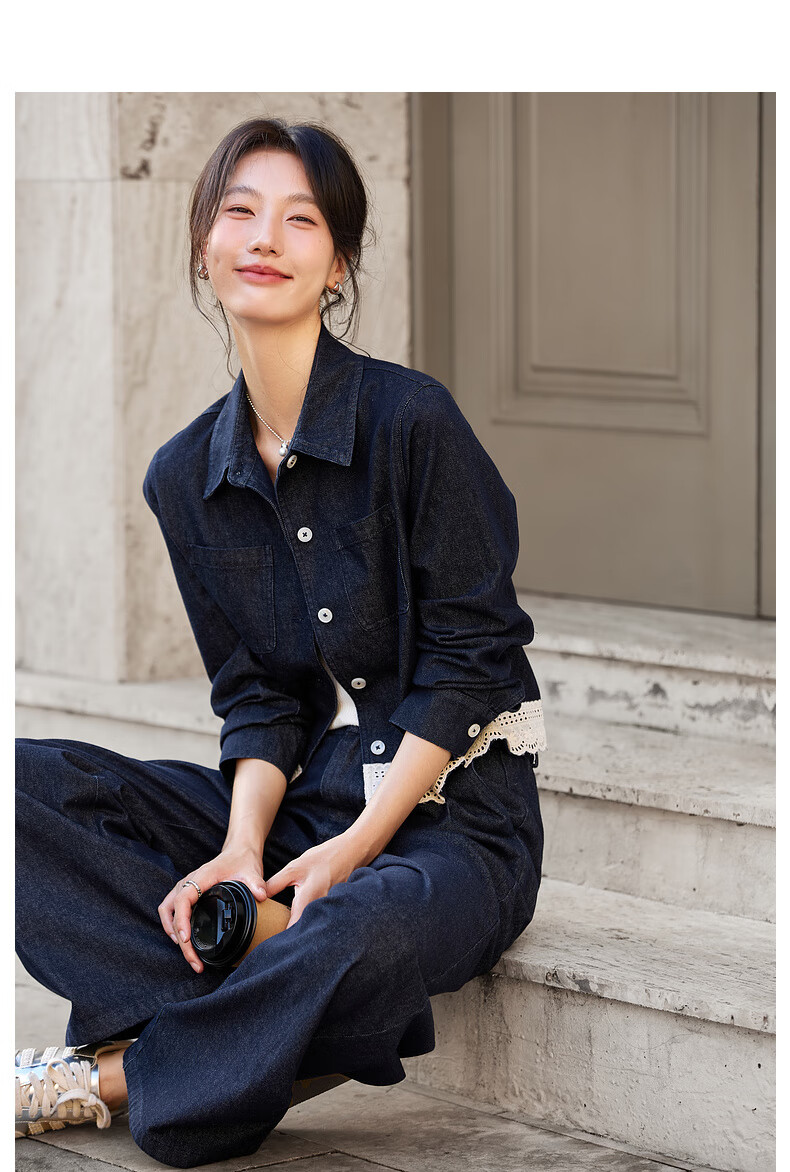 Fanshi Man Lace Trim Denim Set Women Autumn New Lapel Jacket and Pants Two-Piece Set Denim Blue XL 15