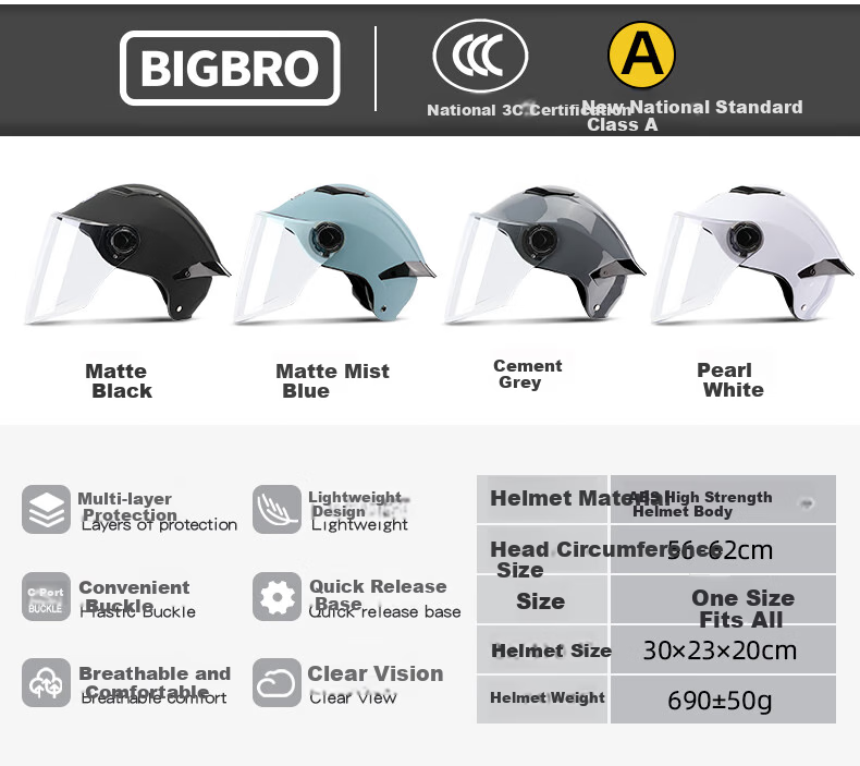 BIGBRO Da Ge 305 Autumn Blue New National Standard 3C Certified Electric Motorcycle Riding Helmet for Men And Women, All-Season Sun Protection Electric Scooter Summer Half Helmet 1