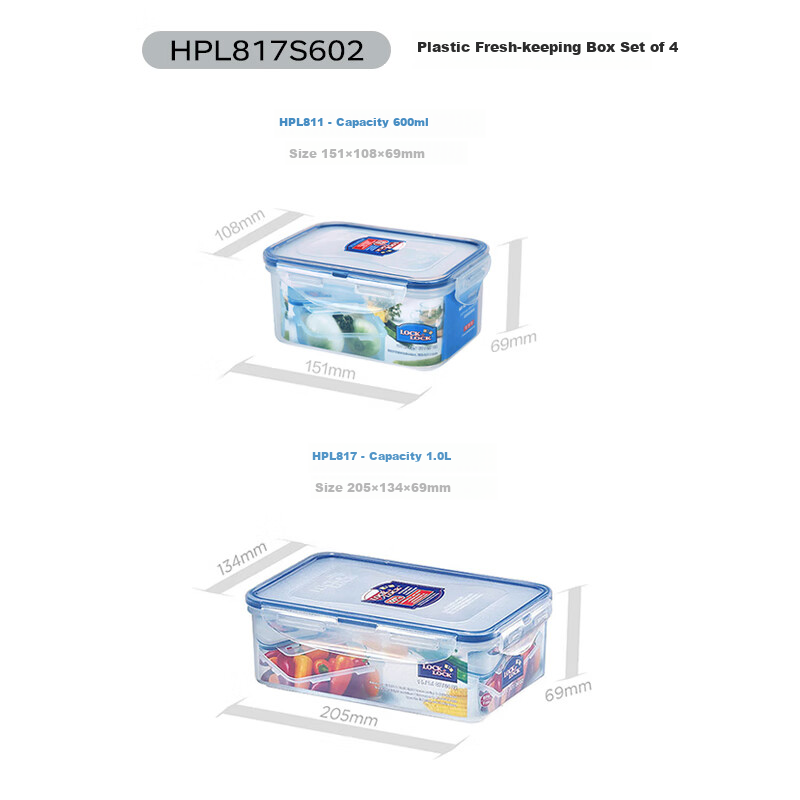 LOCK&LOCK Plastic Sealed Food Storage Containers Set, Kitchen Freezer Food Preservation Storage Box Set of 4 Pieces