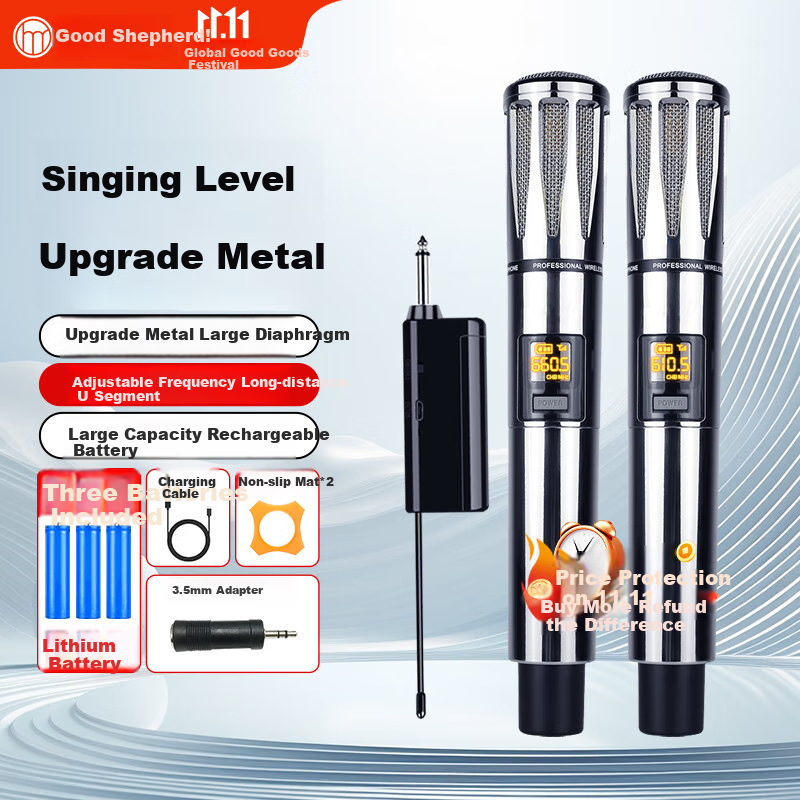 Haomuren Wireless Microphone System for Home KTV Singing, Stage Hosting, Meetings, Speeches, Outdoor Karaoke, TV Sound System with Anti-Howling Metal Design, Rechargeable Professional All-In Dual-Channel