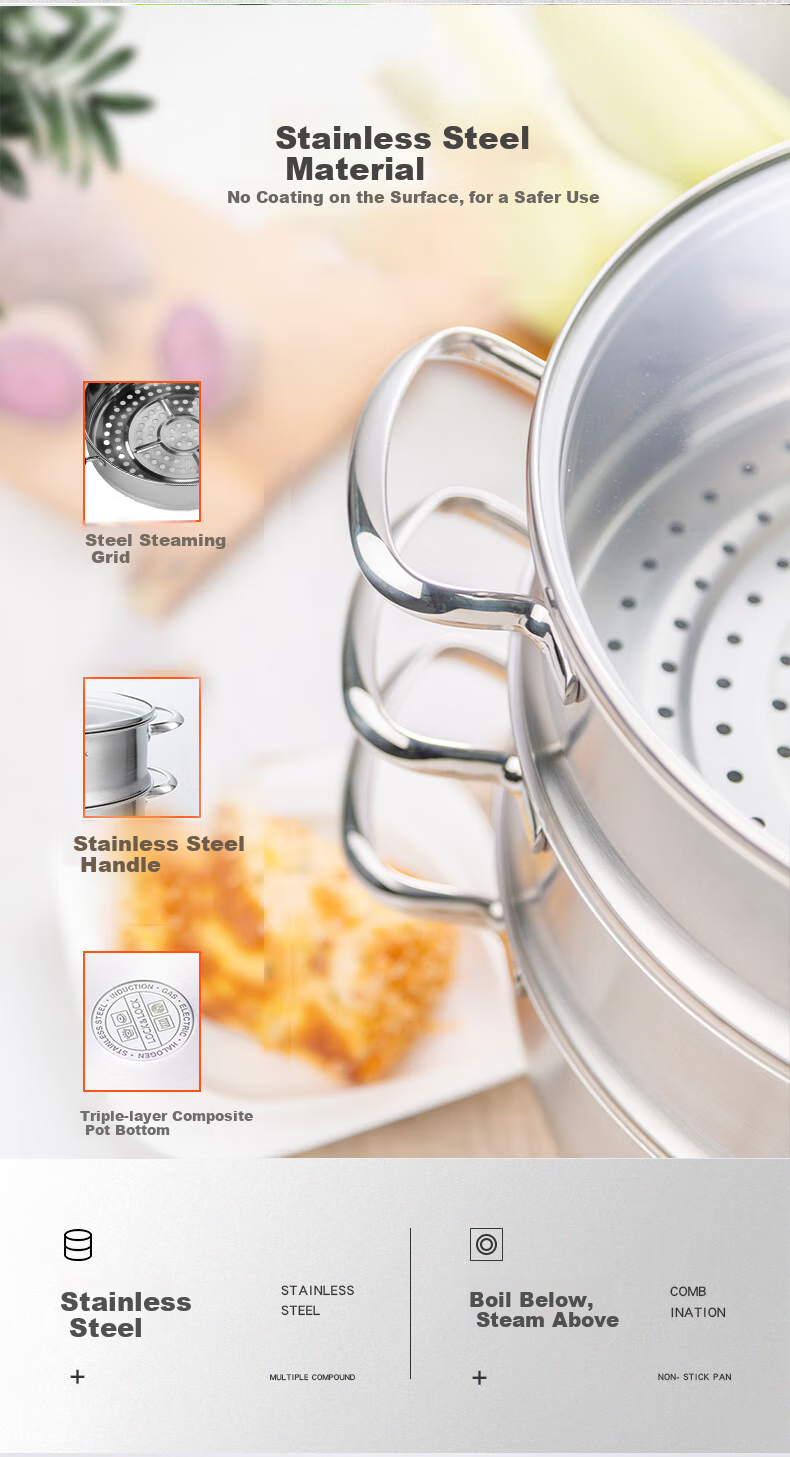 LOCK&LOCK Stainless Steel Steamer Pot, Large Capacity Home Steamer 28CM Three-Layer Combination Set for Steaming Meat, Fish, Buns And Mantou 4