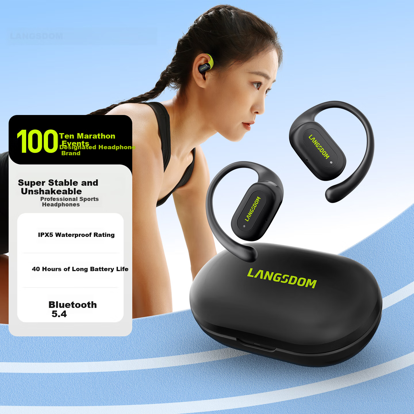 Lanshidun Bluetooth Headphones, Ear-Hook Style, Bone Conduction Concept, Open-Style Non-In Call Noise Reduction, Suitable for Sports Running Cycling, Compatible with Apple Huawei, TS19 Elegant Black