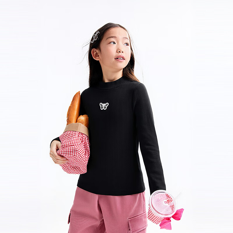 Annil Kids Girls Modal Mid-Neck Long Sleeve Knit Sweater 2025 Autumn New Black 130