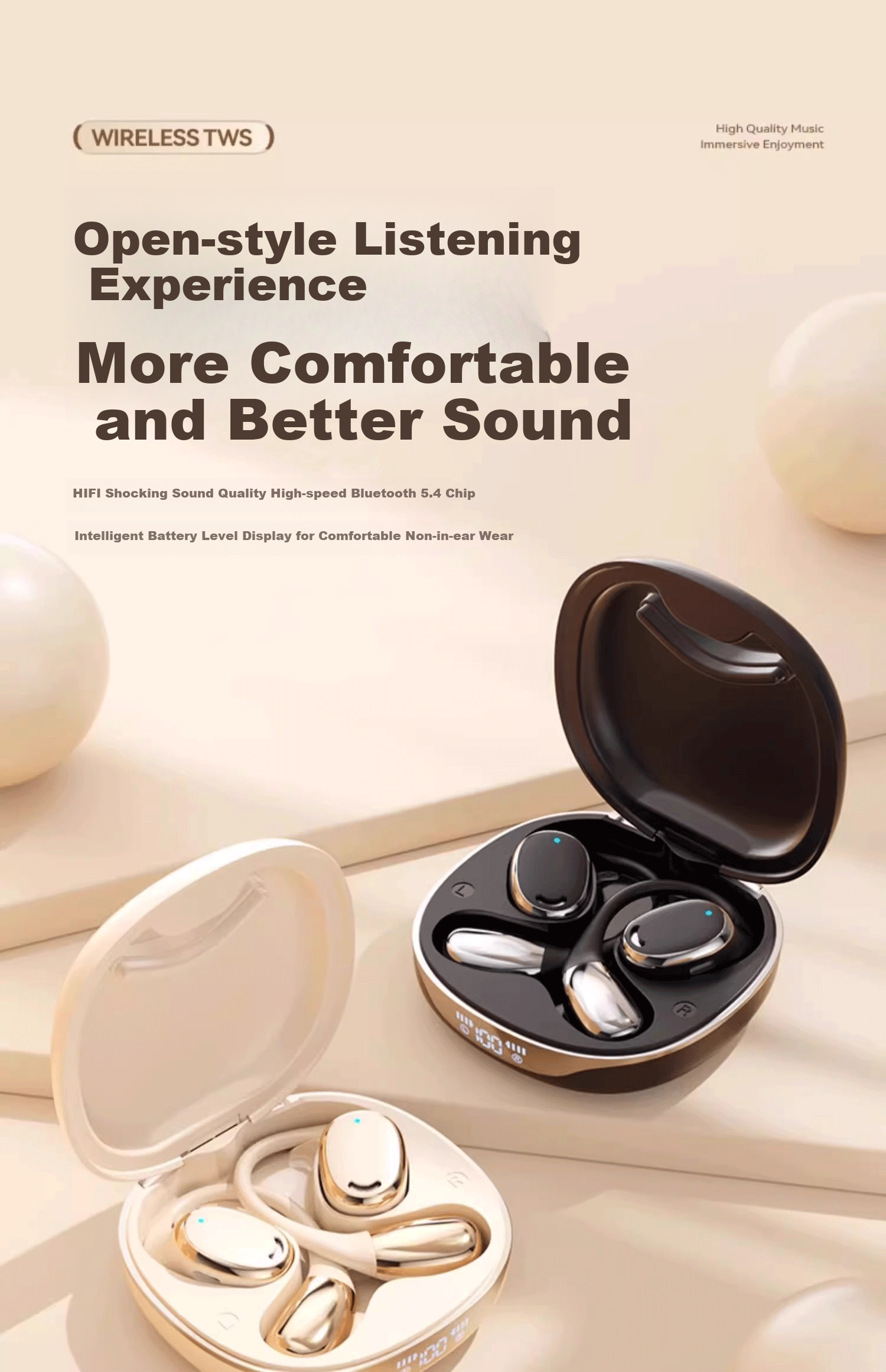CLAISON Bluetooth Headphones, Ear-Hook Bone Conduction Concept, Non-In Open-Style Wireless Sports Running Cycling Noise-Cancelling Ear Clip Headphones, Suitable for Apple Huawei M70 - Off-White 1