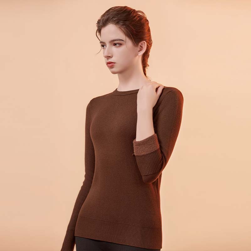 MOXTOC Thermal Fleece Lined Women's Autumn Thickened Slim Fit Winter Crew Neck Pullover Knitwear Thermal Base Layer Shirt