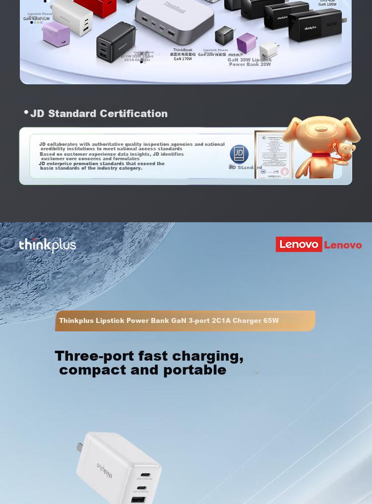 ThinkPlus Lenovo Laptop Charger, 65W Three-Port Fast Charging, Type-C Charging Head, Compatible with PD20W Apple 17-Inch Phone And Laptops, Huawei, Xiaomi, White 2