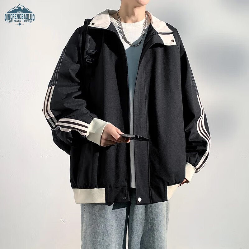 Dingfengbaoluo Men's Workwear Jacket Autumn Loose Stand Collar Baseball Sports Waterproof Casual Jacket MUY01 Black XL