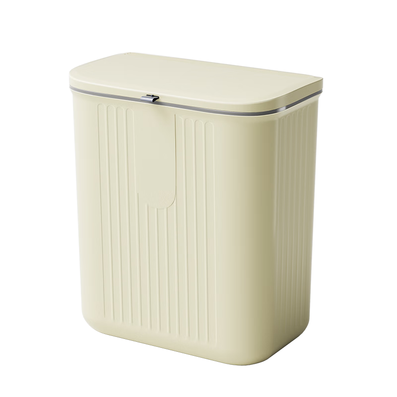 Baijiahaoshi Kitchen Wall-Mounted Trash Can with Flip Lid, 12L, Khaki Square, Household Cabinet-Mounted, Large Capacity Storage Bin with Cover