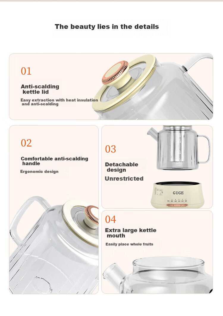 GUGE All-Glass Health Pot, Fully Automatic Water Boiler, No Glue Tea Maker, Office Multi-Functional Tea Brewing Pot, Constant Temperature 12-Hour Heat Preservation Electric Kettle, Water Boiler GC06 9