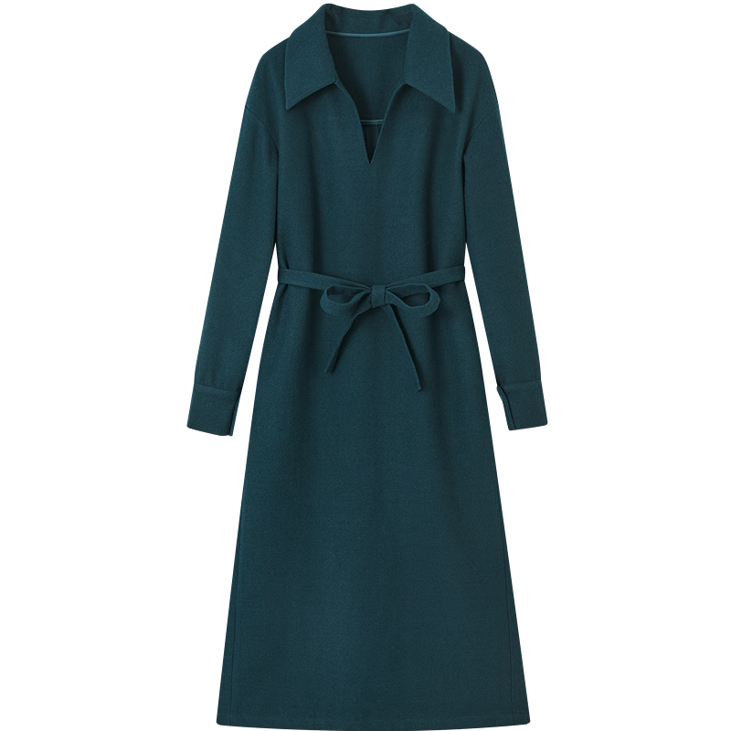 Demana [French Luxury Style] Winter Urban V-Neck Thick Textured Wool Belted A-Line Women's Dress