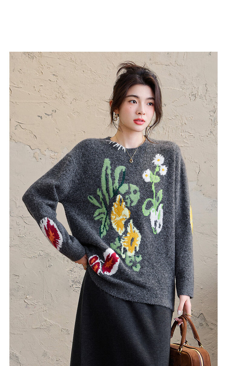 Demana【With Wool】Autumn Elegant Beaded Floral Fleece Sweater Round Neck Handcrafted Edge Contrast Jacquard Knit Top 1
