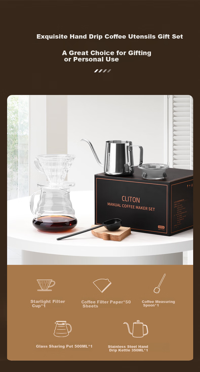 CLITON Pour-Over Coffee Maker Set: Drip Coffee Pot, Glass Sharing Pot, Stainless Steel Pour-Over Kettle, Filter Paper, And Filter Cup 2